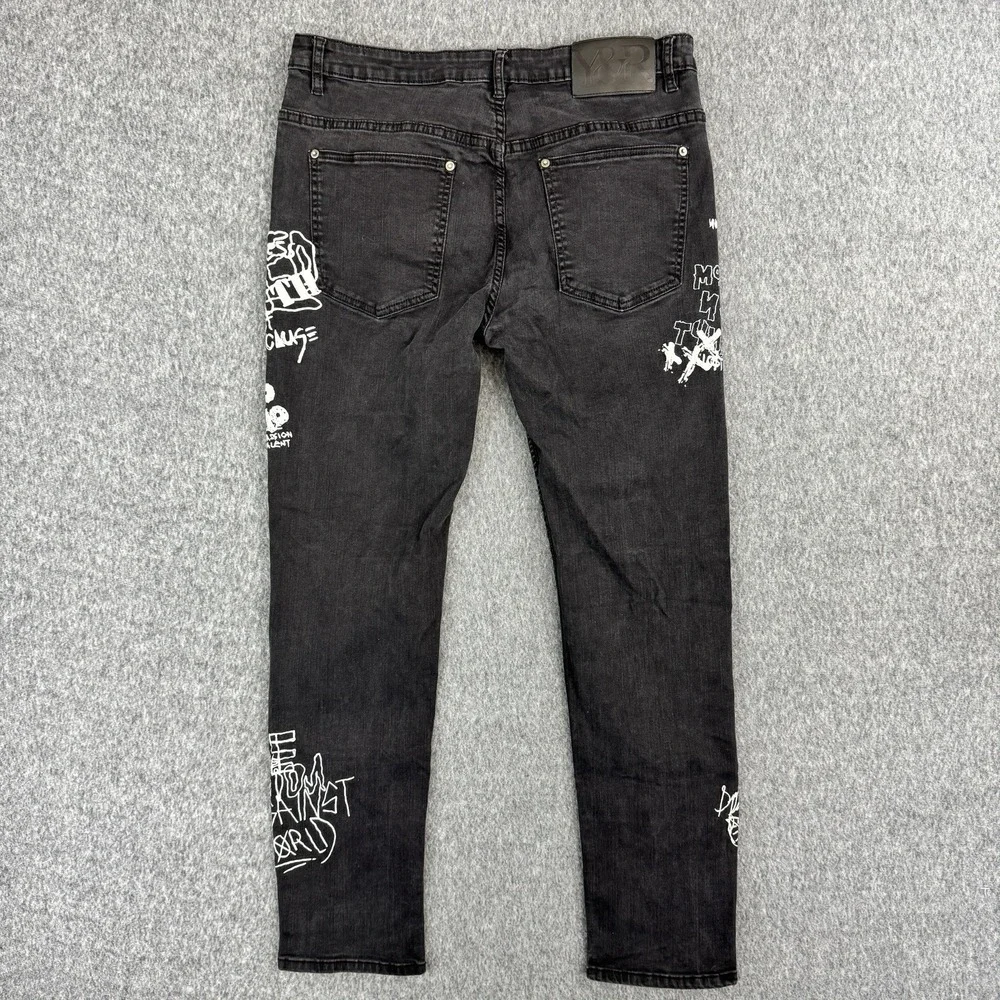 Y&R Black Graphic Jeans‎ Punk Goth Streetwear Denim Size 36